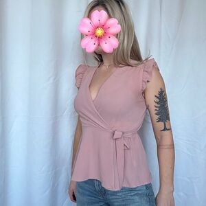 Pink peplum Wrap Top with Ruffle Sleeves